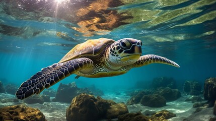 A turtle swimming in the clear blue ocean with coral reefs and fish in the background - obrazy, fototapety, plakaty