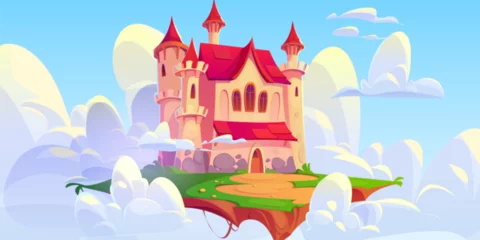 Foto op Aluminium Magic ancient kingdom castle floating on ground platform in sky with clouds. Cartoon vector fantasy island with green grass and path to fairytale palace with gates and towers for game ui design. © klyaksun