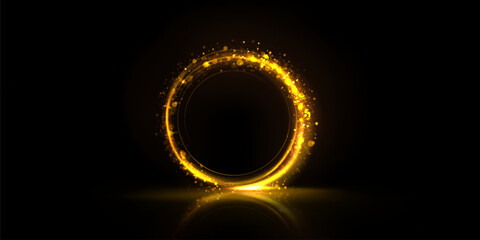 Golden glowing circle frame with glitter sparkle on black background. Realistic vector illustration of neon light round element with gold shiny sparks and reflection. Bright flare glossy ring.