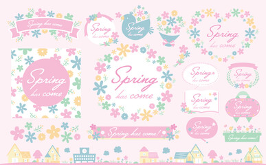 花束イメージや花柄背景として使いやすい、おしゃれな手書きのかわいいお花のパステル春フレームとイラストのセット