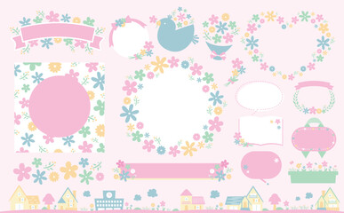 花束イメージや花柄背景として使いやすい、おしゃれな手書きのかわいいお花の春フレームとイラストのセット