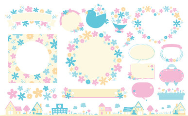 花束イメージや花柄背景として使いやすい、おしゃれな手書きのかわいいお花の春フレームとイラストのセット