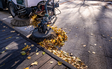 The car removes yellow autumn leaves in the park.