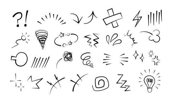 Anime manga comic emoticon element graphic effects hand drawn doodle vector illustration set isolated on white background. Cartoon style manga doodle line expression scribble anime mark collection.
