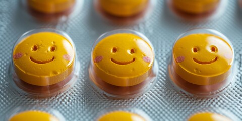 Cheerful Medication: Yellow Pills with Smiley Faces in a Blister Pack, Combining Healthcare with Positivity and Wellness, Generative AI