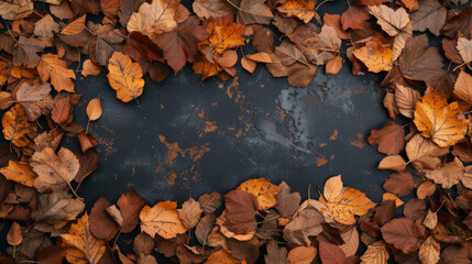 Vibrant autumn leaves create a border around a dark, textured background.