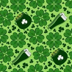 Saint Patrick's day seamless pattern with Beer glass and Leprechaun Pot of golden coins. Vector illustration