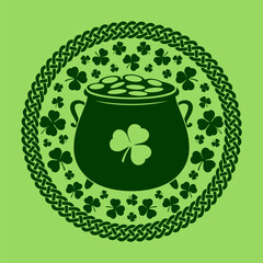 Leprechaun Pot of golden coins in Celtic Style Round frame. St. Patrick's Day label, badge or emblem. Vector illustration