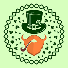 Saint Patrick's Day Holiday poster, banner, label, badge, emblem or greeting card design with Irish leprechaun. Vector illustration