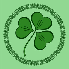 Shamrock clover in Celtic Style Round frame. St. Patrick's Day label, badge or emblem. Vector illustration