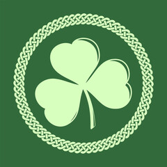 Shamrock clover in Celtic Style Round frame. St. Patrick's Day label, badge or emblem. Vector illustration