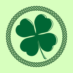 Clover leaf in Celtic Style Round frame. St. Patrick's Day label, badge or emblem. Vector illustration