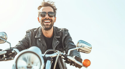 Fototapeta na wymiar Close-up image of a biker in high spirits, radiating confidence and joy against a clean white backdrop