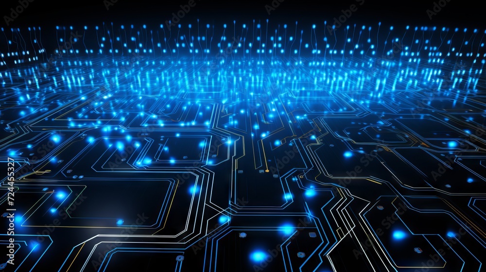 Wall mural abstract structure of circuit board with glowing neon blue lines and dots, computer technology and b