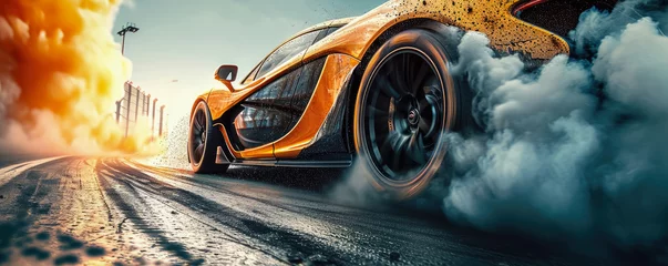 Foto op Plexiglas Treinspoor Sport car drifting on race track, Car wheel drifting and burning tires on speed track