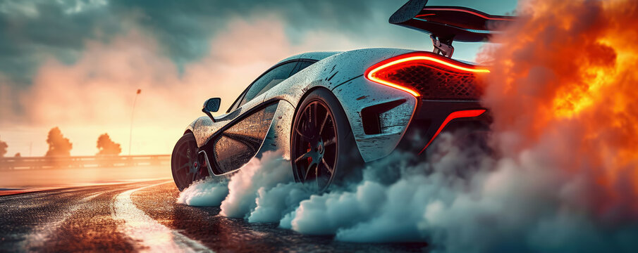 Sport car drifting on race track, Car wheel drifting and burning tires on speed track