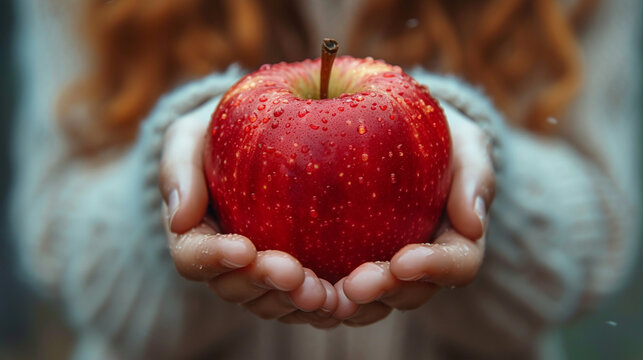 A red apple in drops in the hands of a girl