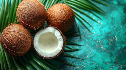 Fototapeta na wymiar Coconuts on a green-blue background