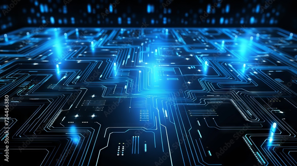 Wall mural abstract structure of circuit board with glowing neon blue lines and dots, computer technology and b