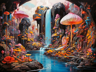 a fantastical waterfall scene with mushrooms and flowers in bright colors.