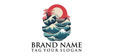 logo illustration of sea water, mountains and trees combined into one with a modern Japanese-style combination