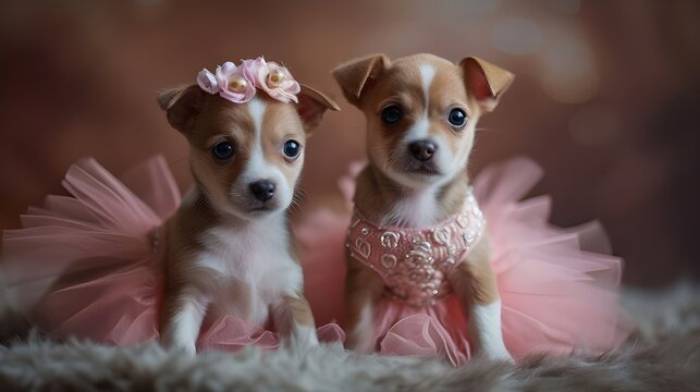 Fototapeta Funny jack russel terier puppy in ballerina costume pink ballet skirts tutu, cute pet dance illustration