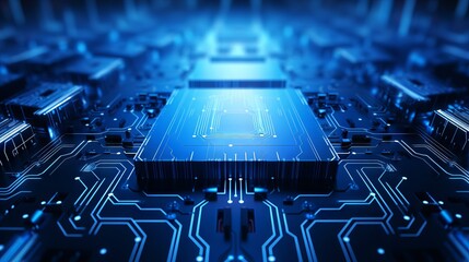 Abstract structure of circuit board with glowing neon blue lines and dots, computer technology and business concept background