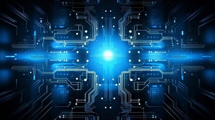 Fototapeta premium Abstract structure of circuit board with glowing neon blue lines and dots, computer technology and business concept background