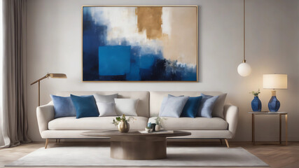 Abstract paste blue and white painting on empty white wall behind beige couch with pillows