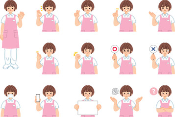 介護士の女性　表情とジェスチャーのイラスト素材セット