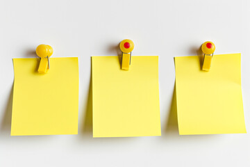 Yellow colored blank empty unfilled 3 paper sheets or sticky notes isolated on copy space white background, front view of adhesive paper notes, 3 paper office stickers with shadows, empty 3 text boxes
