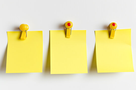 Yellow colored blank empty unfilled 3 paper sheets or sticky notes isolated on copy space white background, front view of adhesive paper notes, 3 paper office stickers with shadows, empty 3 text boxes - Powered by Adobe