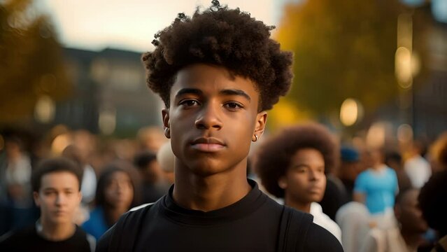 Another teenager stands in the town square, taking part in a rally against racial discrimination. He has tightly coiled hair, the color of the night, and his deepset dark eyes reflect his
