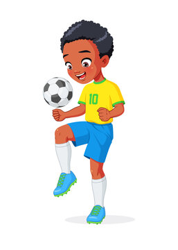African American boy football player in uniform kicking soccer ball with knee. Isolated vector illustration