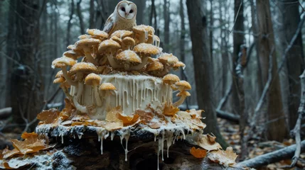 Foto op Plexiglas A cake with mushrooms and owl sitting on top of it, AI © starush