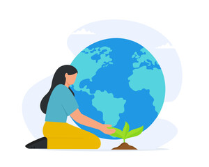 Volunteer planting a tree to improve the environment save the earth Flat vector illustration

