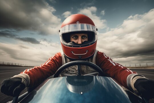 An image of a man wearing a helmet, driving a race car on a track, Racer in a helmet driving a car on the track, AI Generated