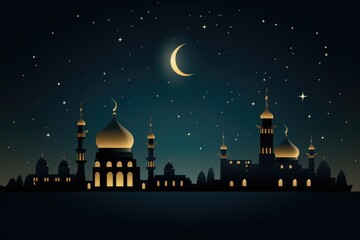 Night Scene With Mosque and Crescent, Illuminated Islamic Architecture in Peaceful Evening Setting, Ramadan Kareem background featuring a mosque and crescent moon, Vector illustration, AI Generated