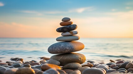 Zen stones pyramid on the beach with ocean view - meditation, spa, harmony, and balance concept