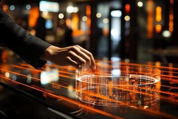 hand of businesswoman touching with finger virtual panel with binary code on screen