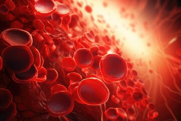 A close-up image capturing the flow of red blood cells within a vein, showcasing circulating blood cells, Red blood cells arterial blood stream health biology, AI Generated