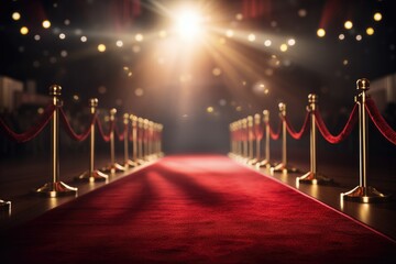 A vibrant red carpet with elegant gold barriers and ropes, creating a grand entrance setup for a special occasion, Red carpet rolling out in front of glamorous movie premiere background, AI Generated