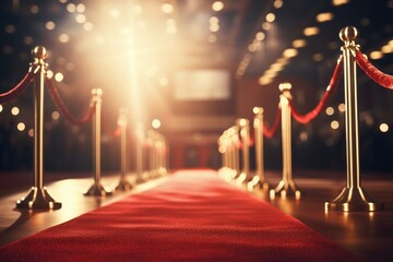 An image showing a red carpet set up with barriers and ropes, creating an exclusive path for a formal event, Red carpet rolling out in front of glamorous movie premiere background, AI Generated