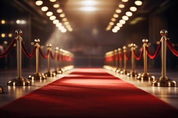 A red carpet stretches along a row of barriers, creating a distinguished pathway for guests at a special event, Red carpet rolling out in front of glamorous movie premiere background, AI Generated - obrazy, fototapety, plakaty