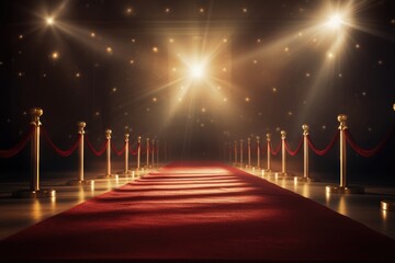 Experience the grandeur and glamour of a red carpet event with a magnificent red carpet adorned with golden pillars and dazzling lights, red carpet with spotlight, AI Generated