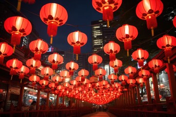 Obraz na płótnie Canvas A city walkway illuminated at night, adorned with vibrant red lanterns creating a captivating scene, Red lanterns adorning Bangkok for Chinese New Year, AI Generated