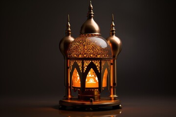 Obraz premium A single lit lantern providing gentle illumination, placed on a solid table surface, Religious islamic lamp, AI Generated