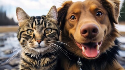 Cat and dog best friends taking a selfie shot - obrazy, fototapety, plakaty