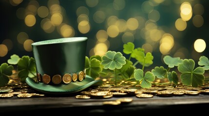 Obraz na płótnie Canvas Banner with Shiny green hat, gold coins, and clover leaves. St. Patrick's day concept