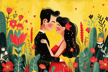 Romantic Couple Kissing Among Heart Balloons.